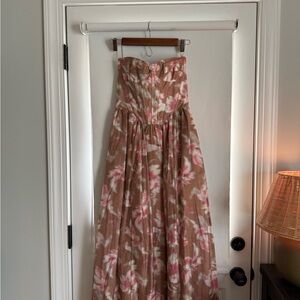 Bardot Strapless Floral Dress in Pink and Brown